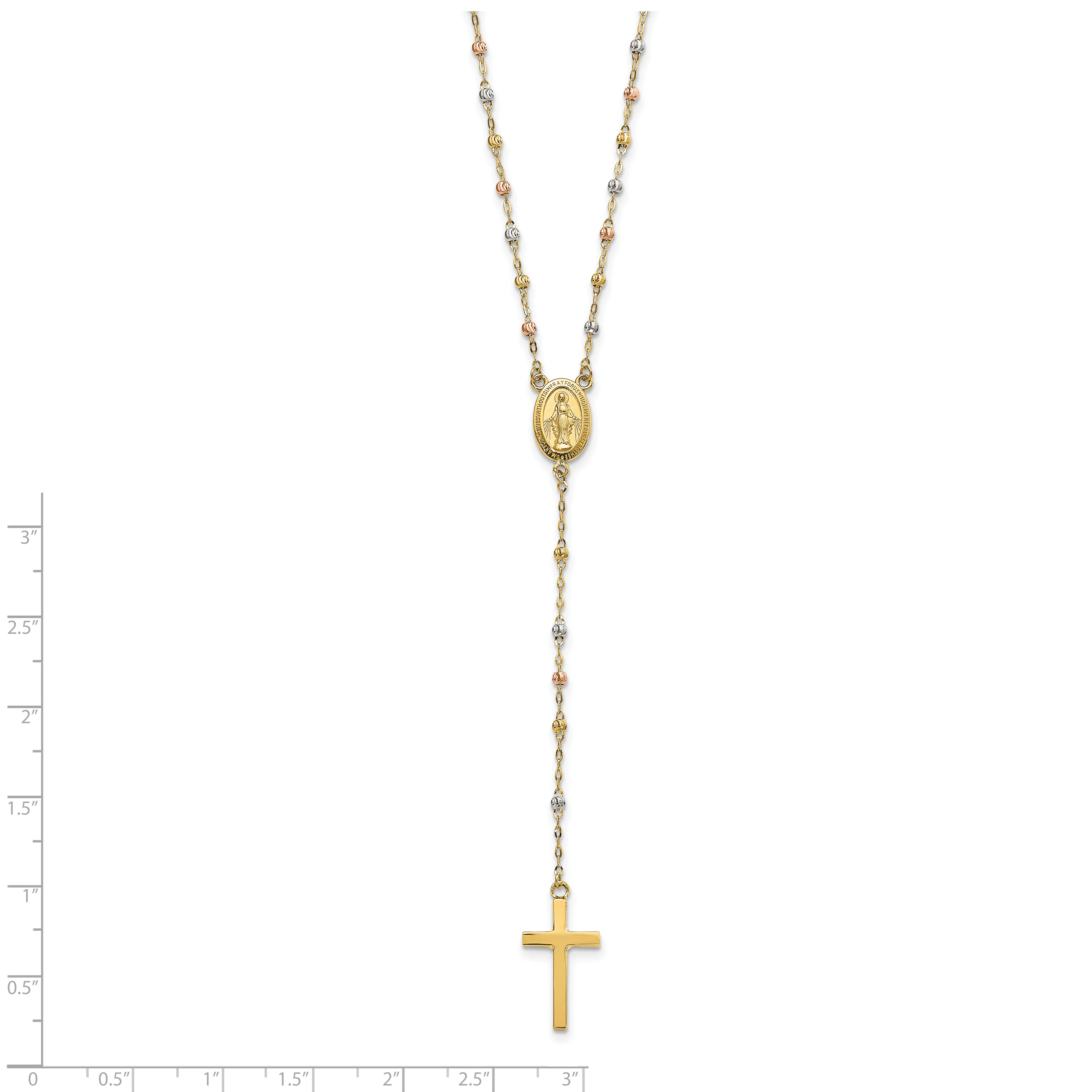 Collar de Rosario de 14K Tricolor con Cuentas y Extensión de 3 Pulgadas, 17 Pulgadas de Largo - Image 3