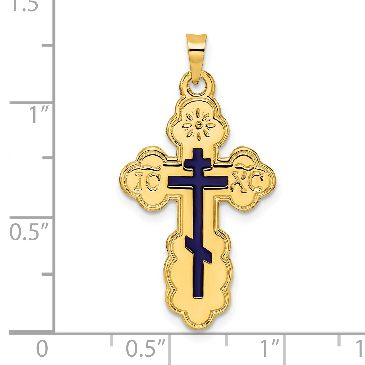 Colgante de Cruz Ortodoxa del Este con Esmalte Azul en Oro Amarillo de 14K - Image 3
