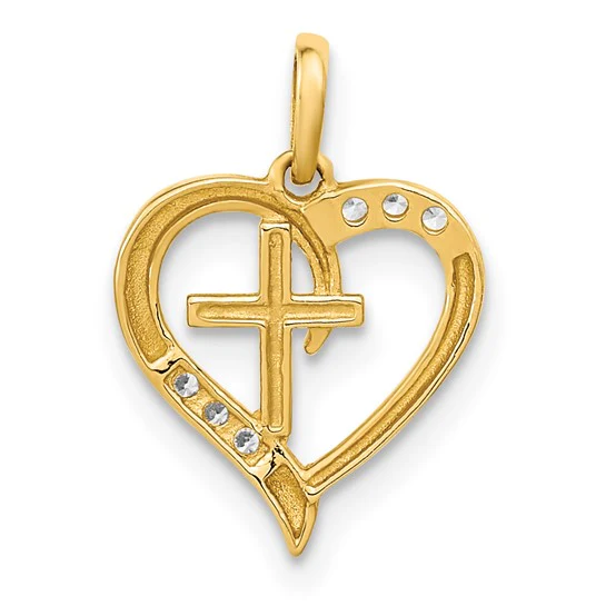 Colgante de Corazón Abierto con Cruz y CZ en Oro Amarillo de 14k Pulido - Image 4