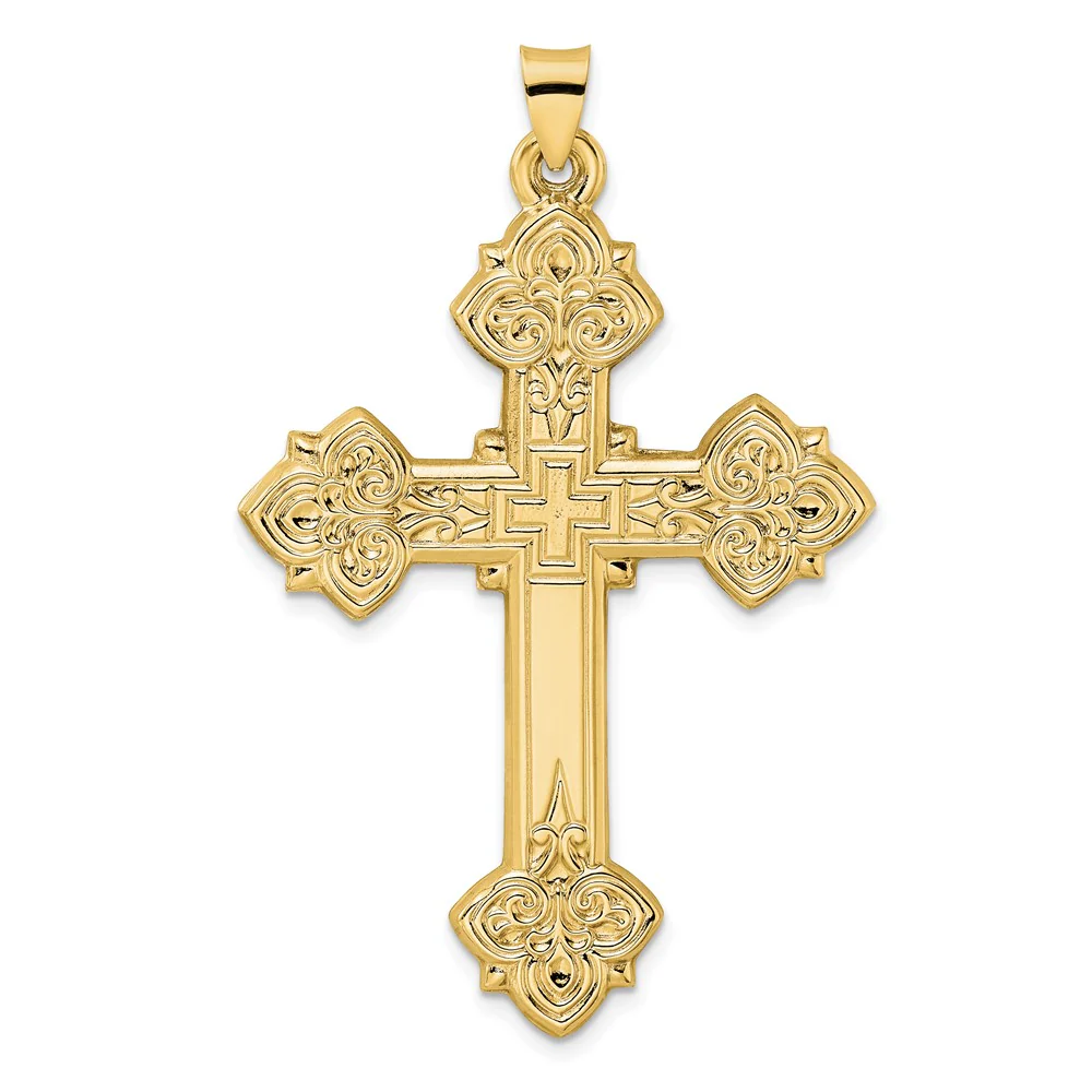 Colgante de Cruz Fleur de Lis Hueca Elegante en Oro Amarillo de 14k Pulido