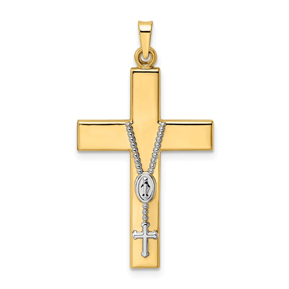 Colgante de Cruz de Rosario Hueco Bicolor Pulido en Oro de 14k