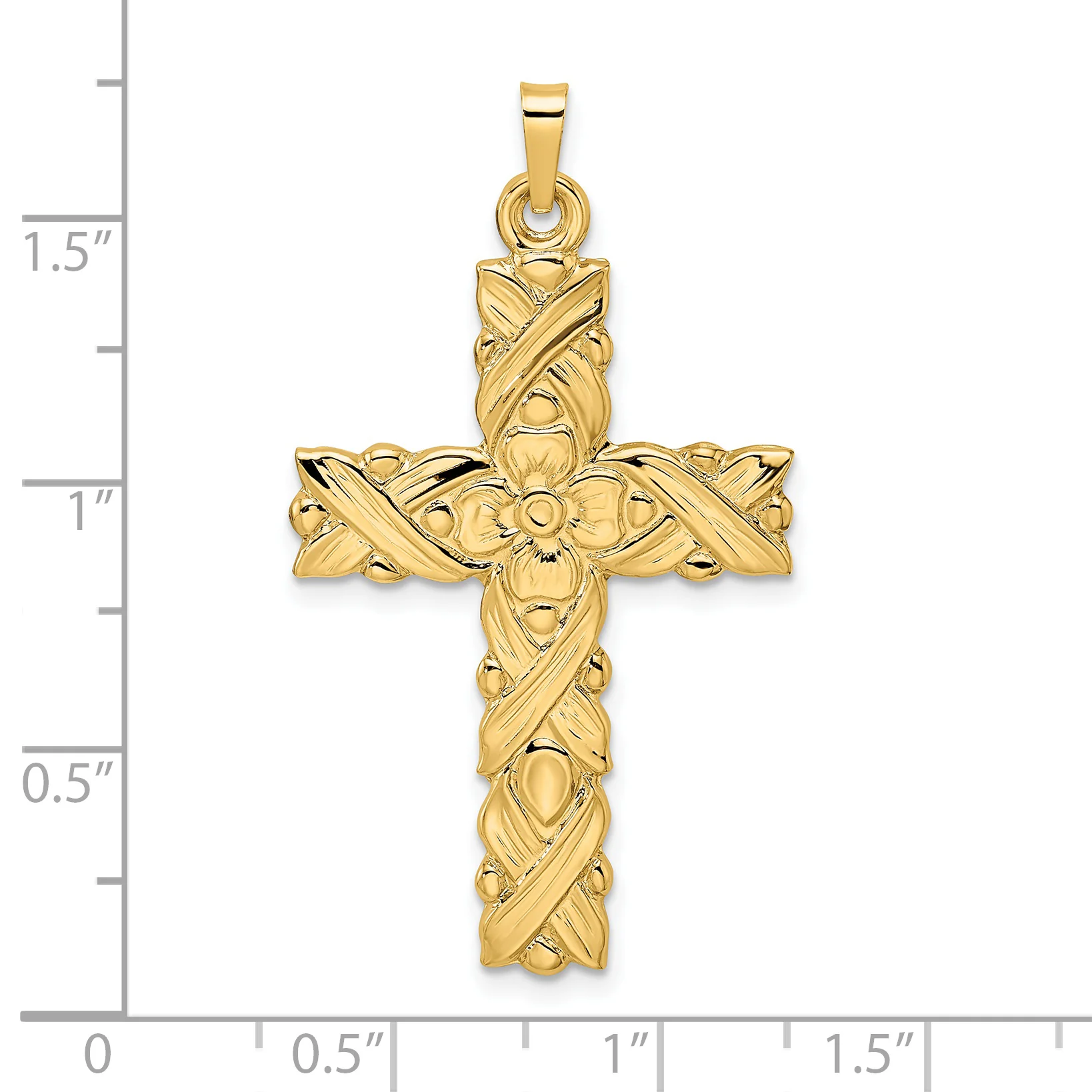 Dije Cruz Sólida Floral Pulida y Texturizada en Oro de 14k Amarillo - Image 3