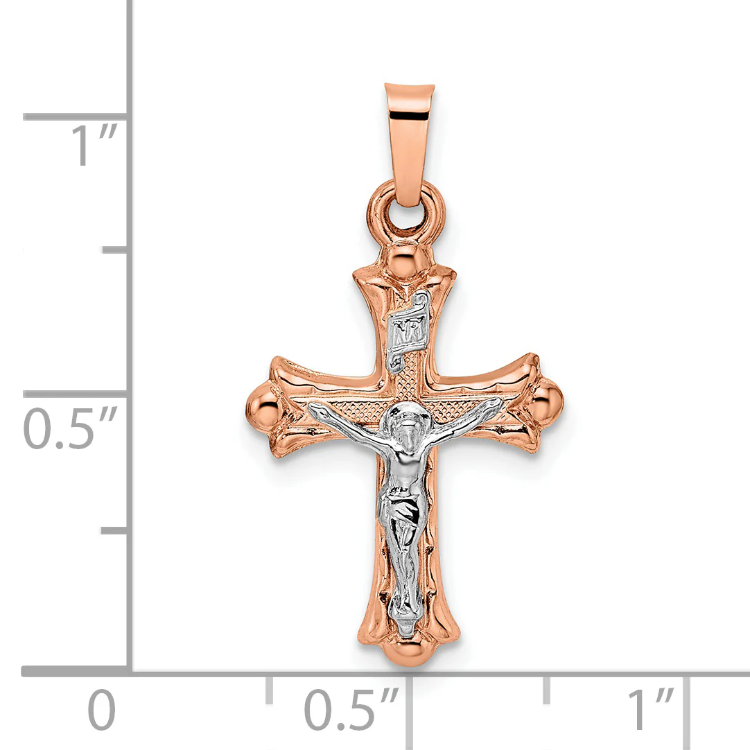 Crucifijo INRI en Oro Rosa y Blanco de 14k con Flor de Lis - Image 3