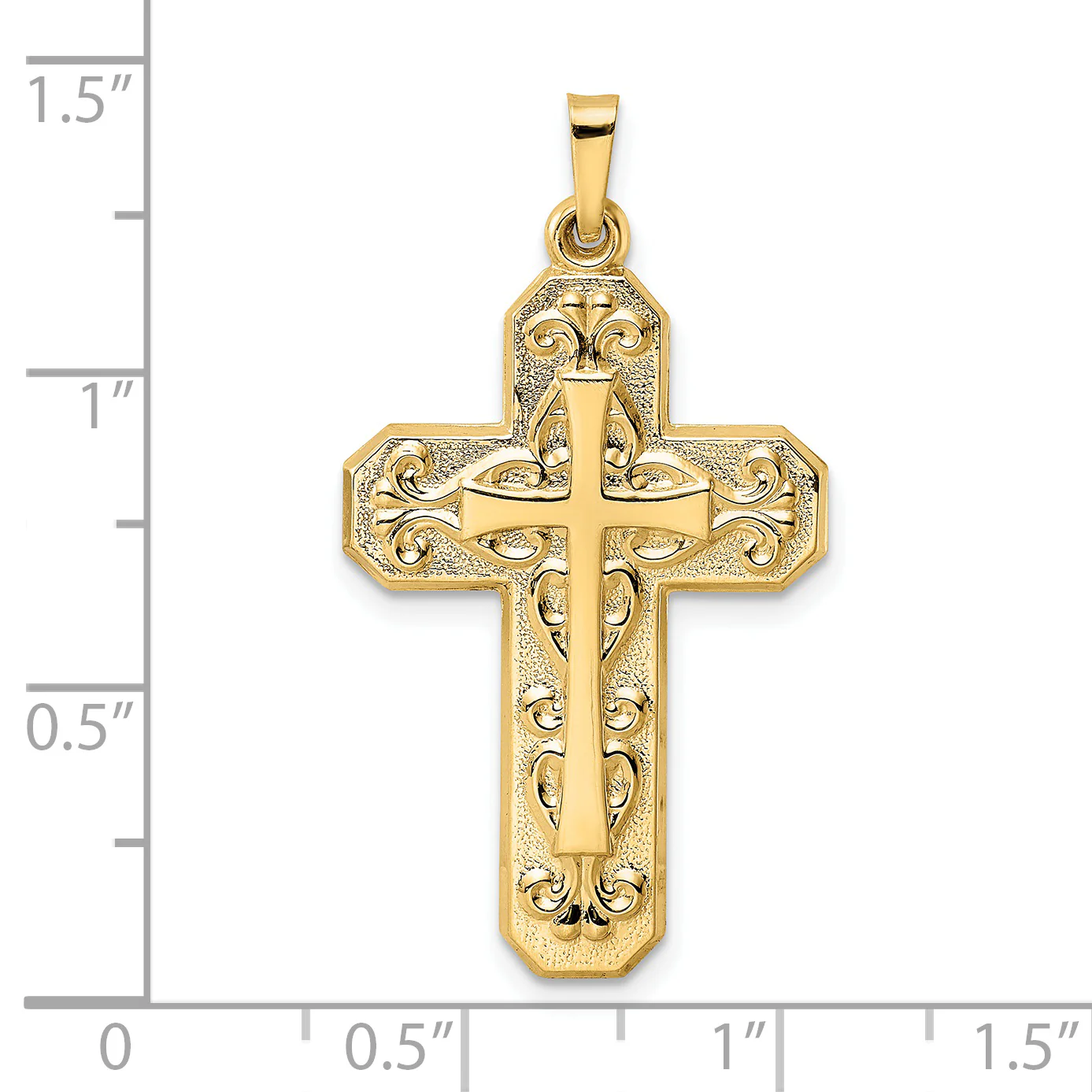 Colgante Doble Cruz con Diseño de Pergamino en Oro 14K - Image 3