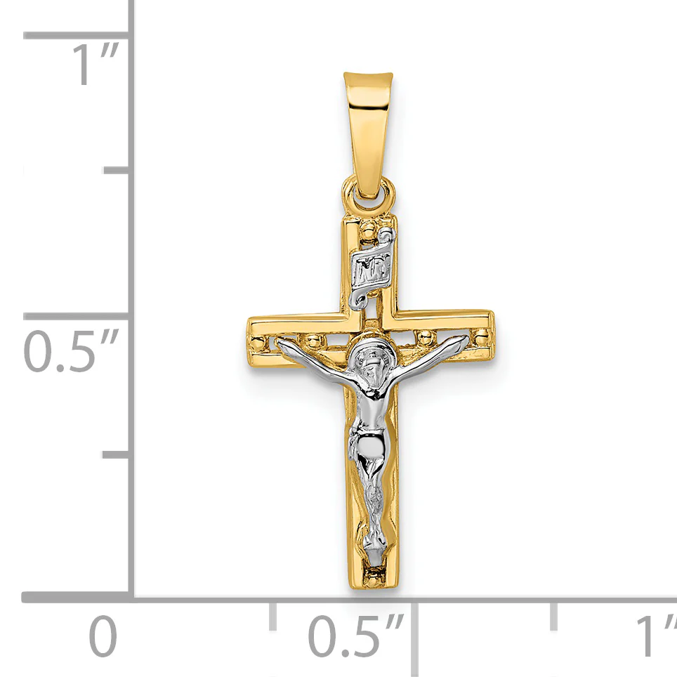 Colgante Crucifijo INRI 14k Dos Tonos Pulido Sólido - Image 3