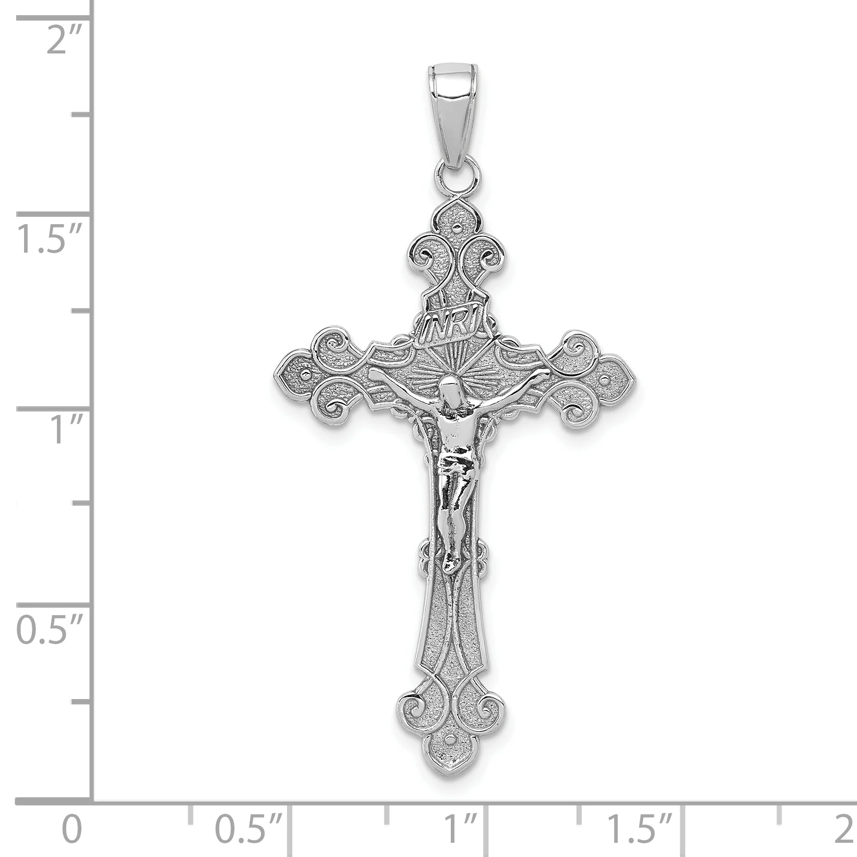 Dije de Crucifijo INRI con Flor de Lis y Textura Pulida en Oro Blanco de 10K - Image 2