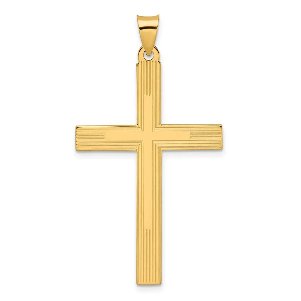 Colgante de Cruz Sólida con Diseño Pulido y de Líneas en Oro de 14K