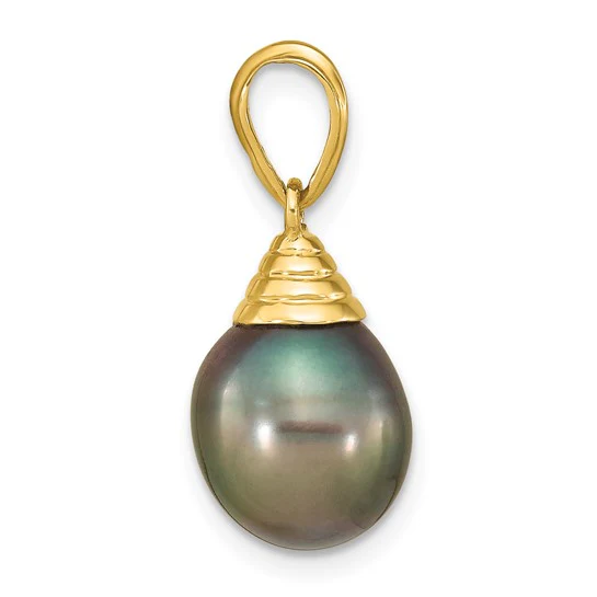 Colgante de Perla de Agua Salada Cultivada Tahitiana en Forma de Lagrima Negra de 9-10 mm en Oro Amarillo de 14k - Image 2