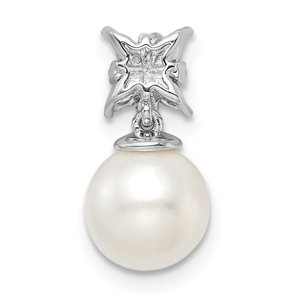 Colgante de Cadena con Perla Cultivada de Agua Dulce y Diamantes en Oro Blanco de 14k - Image 3
