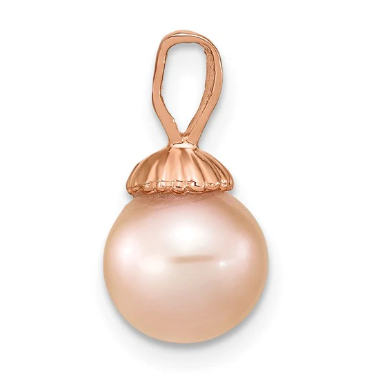 Colgante de Perla Redonda Cultivada de Agua Dulce Rosa de 8-9 mm en Oro Rosa de 14k - Image 2