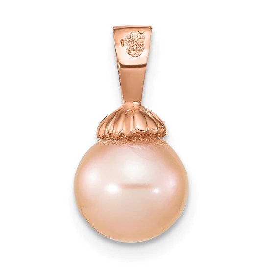 Colgante de Perla Redonda Cultivada de Agua Dulce Rosa de 8-9 mm en Oro Rosa de 14k - Image 3
