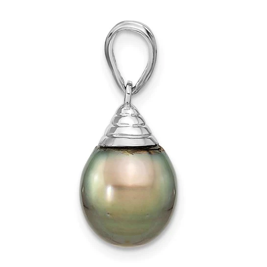 Colgante de perla cultivada de agua salada Tahitiana en forma de lágrima negra de 9-10 mm en oro blanco de 14K - Image 2