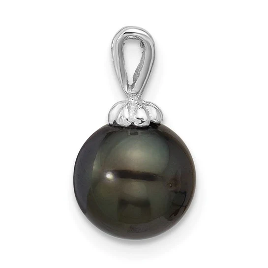Colgante de Perla de Agua Salada Cultivada Tahitiana Negra Redonda de 8-9 mm en Oro Blanco de 14k - Image 2