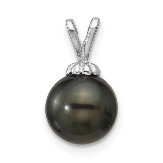 Colgante de Perla de Agua Salada Cultivada Tahitiana Negra Redonda de 8-9 mm en Oro Blanco de 14k - Image 3