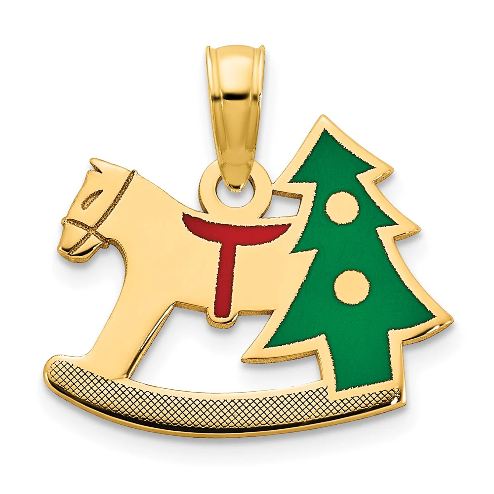 Dije de Caballito de Rocking y Árbol de Navidad con Epóxico en Oro Amarillo 14K