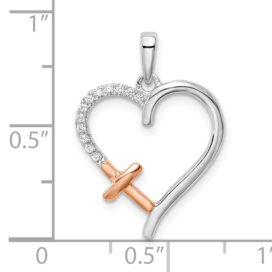 Colgante de Corazón Bicolor con Cruz y Diamantes en Oro de 14k (Blanco y Rosa) - Image 2