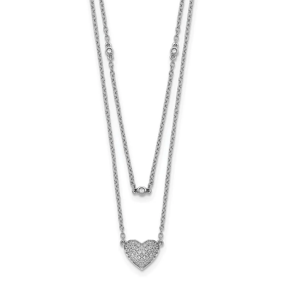 Collar de Oro Blanco de 14k con Doble Cadena y Dije de Corazón de 18 Pulgadas