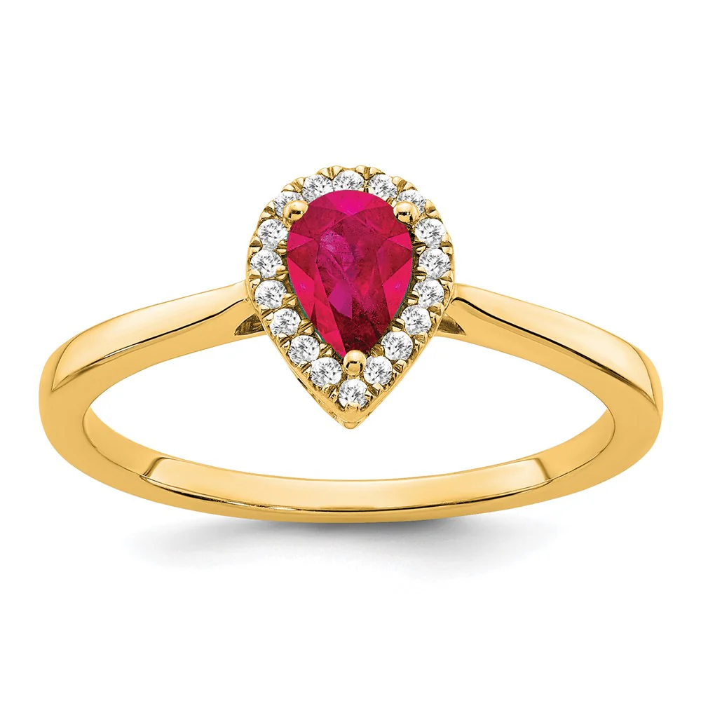 Anillo Halo con Rubí Pera y Diamante en Oro Amarillo de 14k