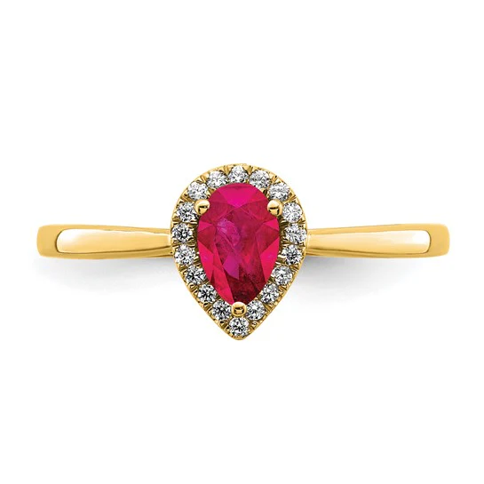 Anillo Halo con Rubí Pera y Diamante en Oro Amarillo de 14k - Image 5