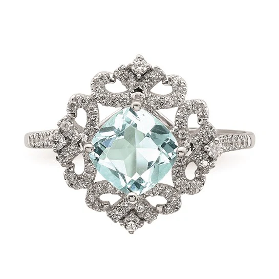 Anillo de Compromiso Completo Blooming Bridal en Oro Blanco de 14k Vintage con Aguamarina Cushion de 7.00 mm y 1/3 de Quilate en Diamantes - Image 4
