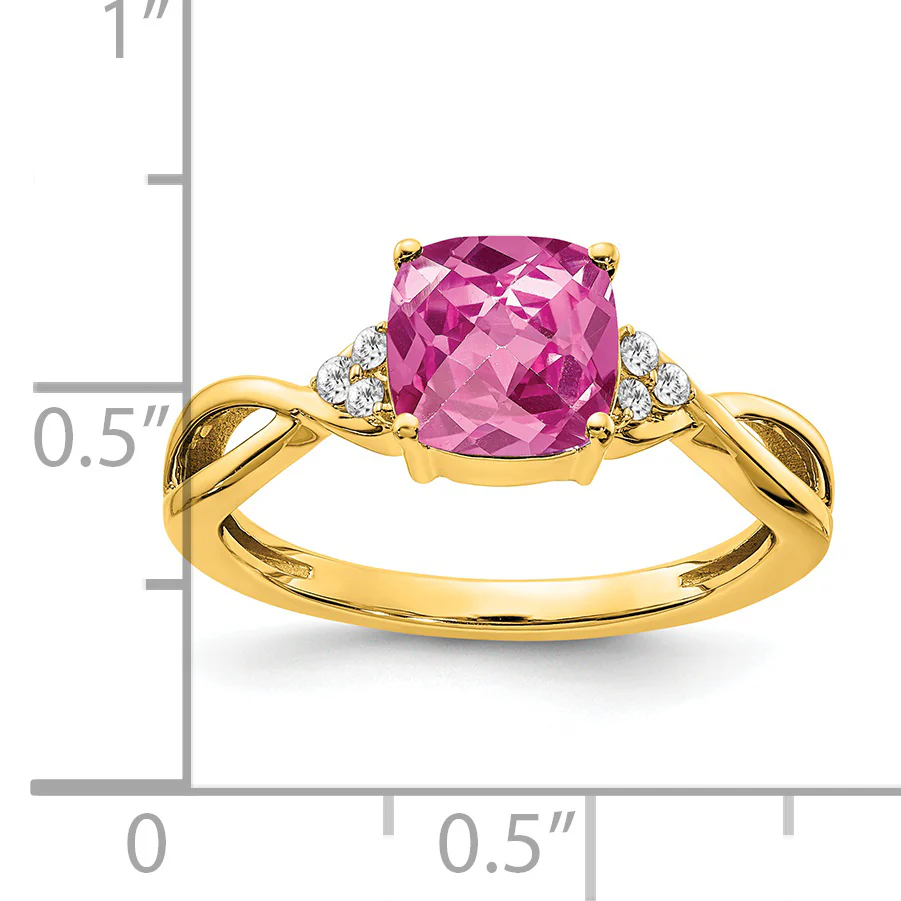 Anillo de Zafiro Rosa Creado y Diamantes con Corte Checkerboard de Oro Amarillo de 14k - Image 2