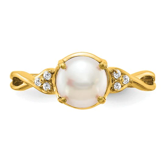 Anillo de Perla Cultivada de Agua Dulce y Diamante de Oro Amarillo de 14k - Image 2