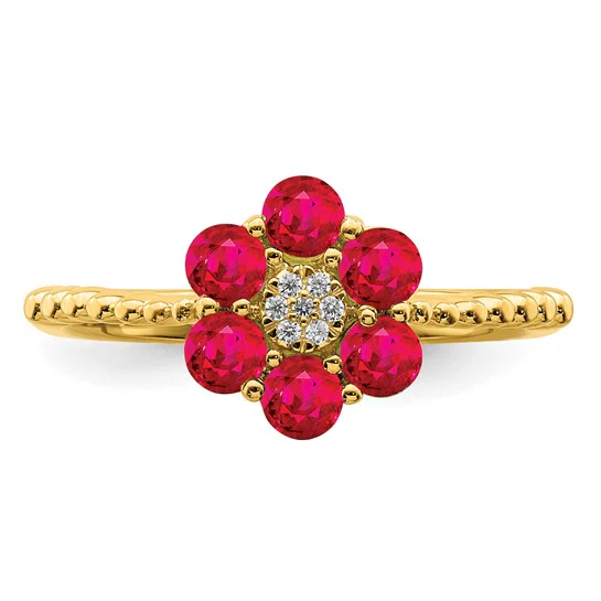 Anillo Floral con Rubí y Diamantes en Oro Amarillo de 14k - Image 5