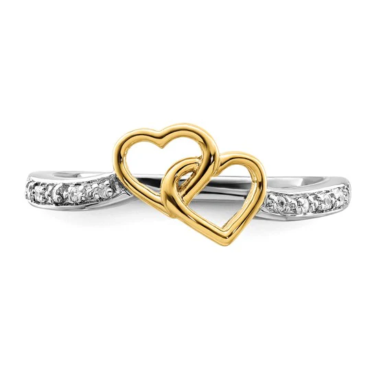 Anillo de Oro Bicolor de 14k Pulido con Diseño de Doble Corazón y Diamantes - Image 5