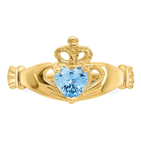 Anillo Claddagh con Piedra de Nacimiento de Marzo en Oro Amarillo de 14K y Circonia Cúbica - Image 5