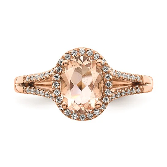 Anillo de Compromiso Completo Blooming Bridal en Oro Rosa de 14k con Halo, Morganita Ovalada de 8x6 mm y Diamante de 1/5 Quilates - Image 4