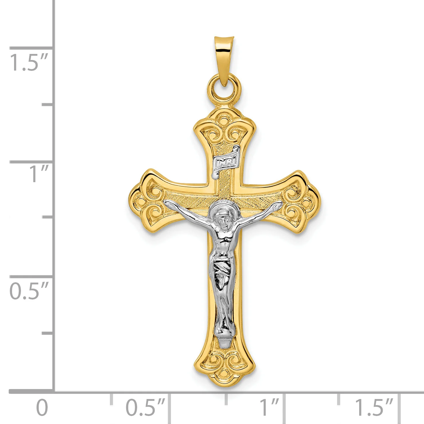 Colgante de Crucifijo INRI con Flor de Lis en Oro de 14k Bicolor, Pulido y Sólido - Image 3